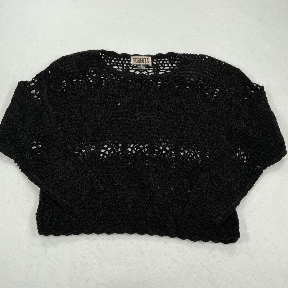 Forenza Vintage Black Open Knit Crochet Sweater Chenille Texture Size Medium